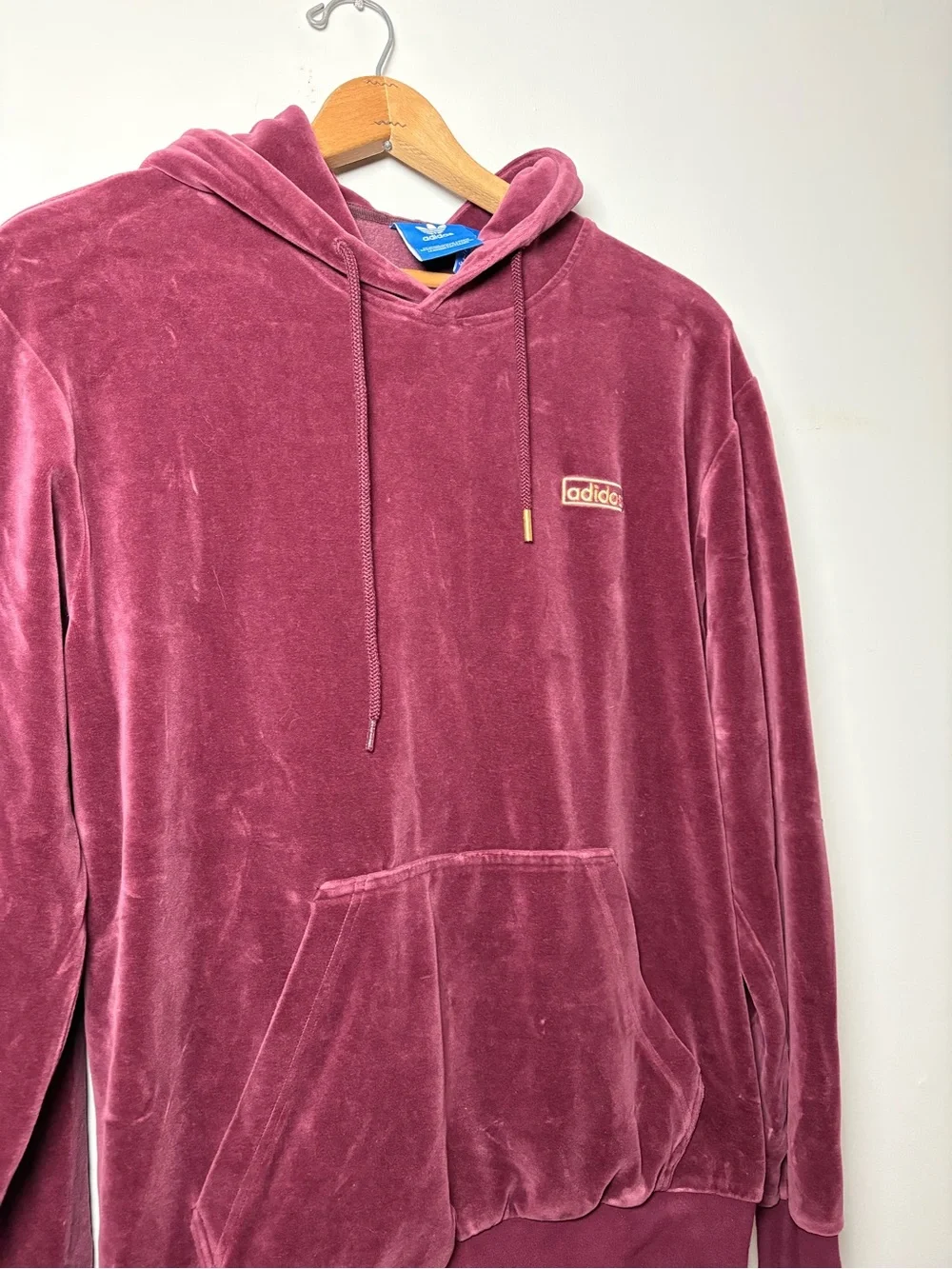 adidas Retro Velour Hoodie Sweatshirt Maroon Burgundy Mens Medium